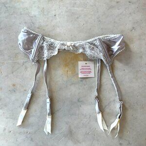 NWT Myla London Dove Grey Satin Garter Belt with White Lace Trim